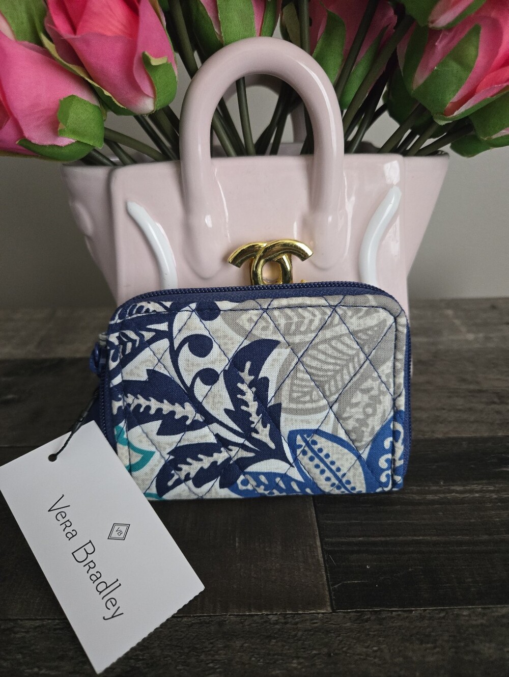 Vera Bradley Navy and Gray Quilted Zip Card Wallet